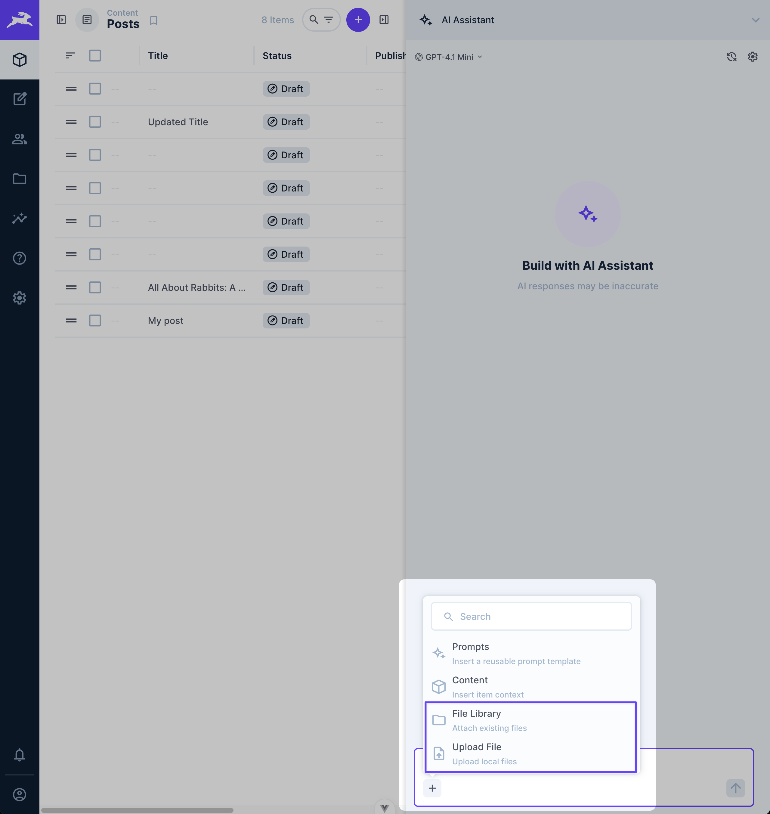 Context menu showing Upload File and File Library buttons